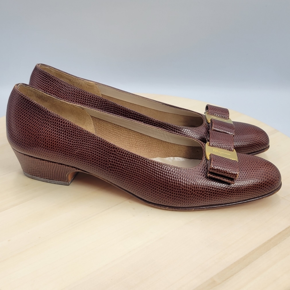 Salvatore Ferragamo Lizard Embossed Brown Bow Leather Flats Women's Size 7 AA